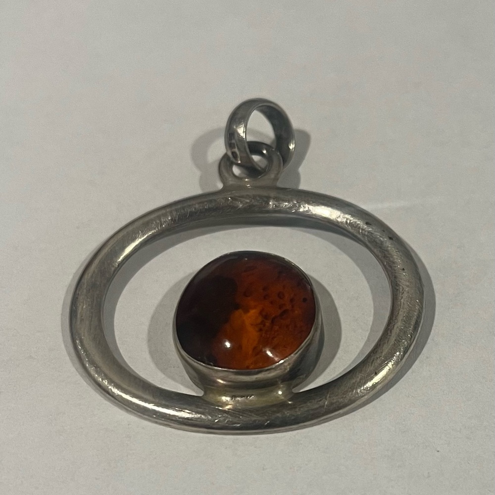 Mexican 925 Silver Pendant With Amber Vintage